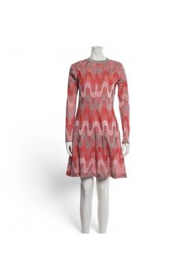 M by Missoni Coral, Pink & Silver Wave Knit Long-Sleeve Dress